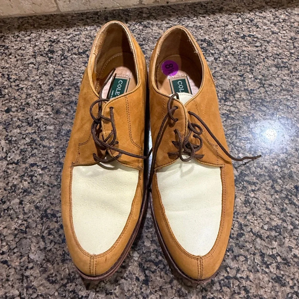 Cole Haan Mens 8.5 Two Tone Suede Leather Buck Oxfords Tan‎ Cream Made in USA